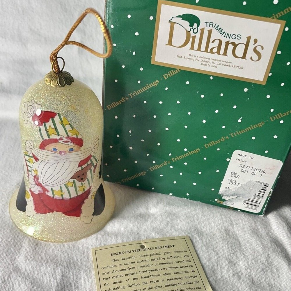 Les Hans Ornament Inside Painting Glass Bell Santa Christmas 1999 Dillards Box